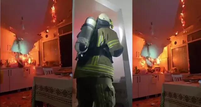 Yangında tavan çöktü, itfaiye ekipleri ölümden döndü… O anlar kameraya yansıdı