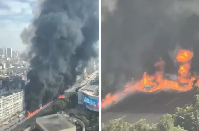 Yanıcı madde taşıyan kamyon yandı, alevler metrelerce yüksekliğe ulaştı