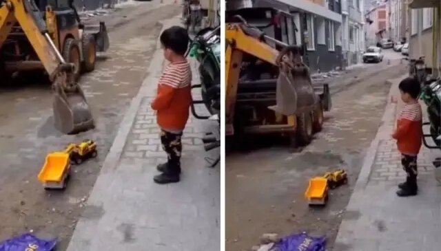 Yürekleri ısıtan görüntüler! Kamyonu ile oynayan çocuğu görünce yaptığına bakın