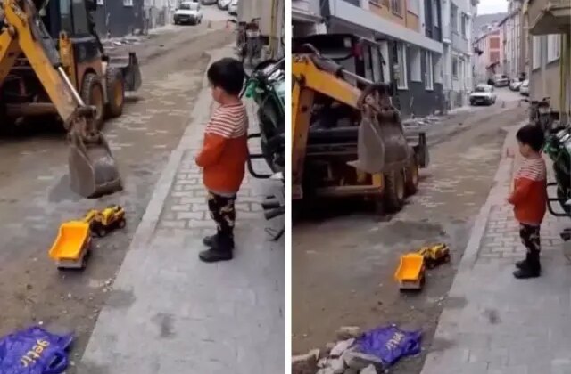 Yürekleri ısıtan görüntüler! Kamyonu ile oynayan çocuğu görünce yaptığına bakın