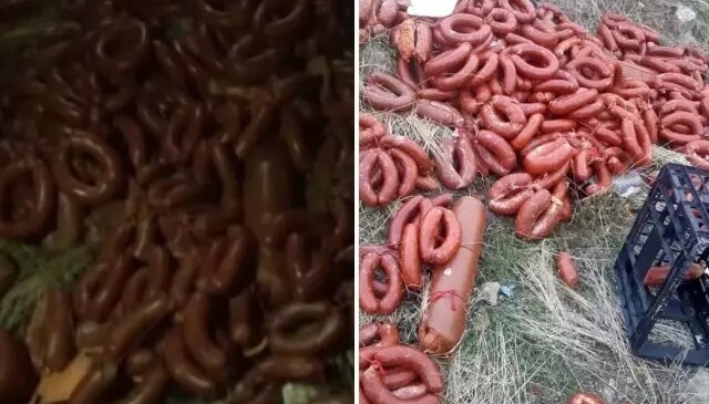 Yüzlerce kilo et ürünü boş araziye atıldı