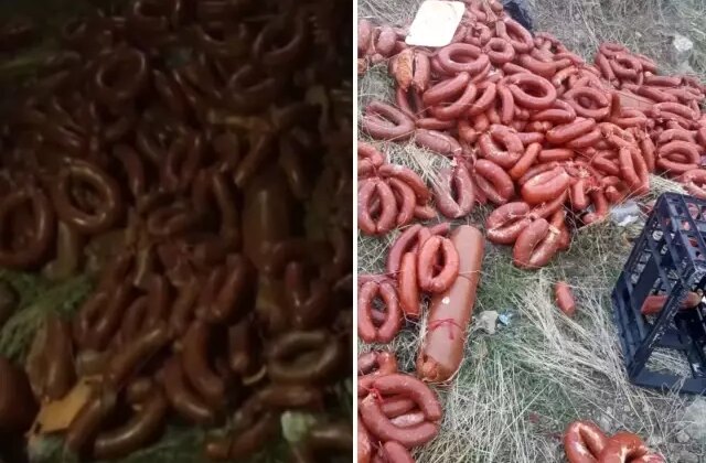 Yüzlerce kilo et ürünü boş araziye atıldı
