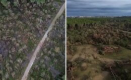 Antalya’da hortumun zarar verdiği ormanlık alan havadan görüntülendi