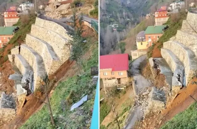Büyük panik! İstinat duvarı kar suyuna dayanamadı