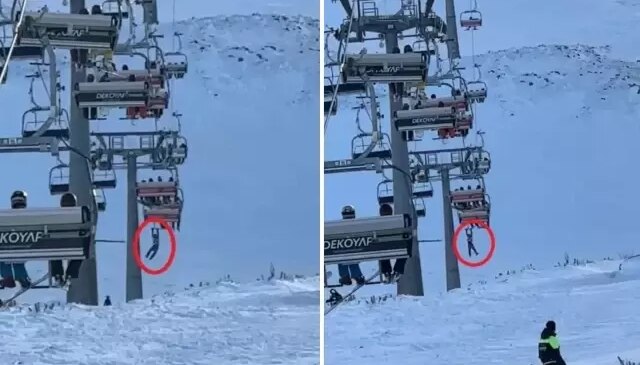 Düşen snowboardını almak için atlamaya çalıştı, telesiyejde asılı kaldı