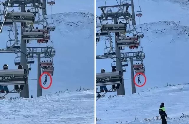 Düşen snowboardını almak için atlamaya çalıştı, telesiyejde asılı kaldı