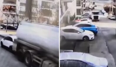 Freni boşalan akaryakıt tankerinin 8 aracı hurdaya çevirdiği anlar güvenlik kamerasında