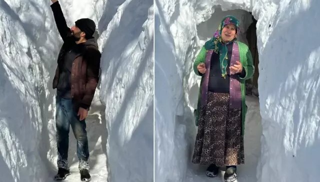 Görüntü Türkiye’den! Kar kalınlığı metreleri aştı, evlere tünelden ulaşıyorlar