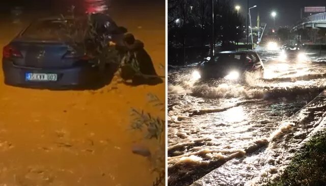 İzmir’de sağanak ve fırtına hayatı felç etti: Sel suları araçları sürükledi