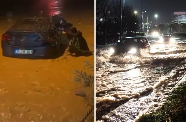 İzmir’de sağanak ve fırtına hayatı felç etti: Sel suları araçları sürükledi