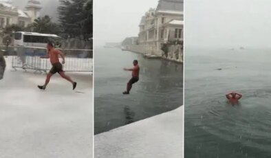 Kar yağışına aldırış etmedi: -6 derecede deniz keyfi