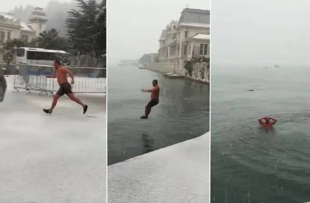 Kar yağışına aldırış etmedi: -6 derecede deniz keyfi