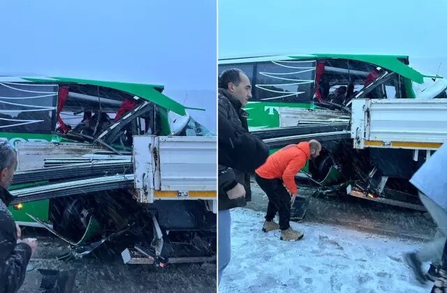 Kaygan yol kazaya neden oldu: Yolcu otobüsü demir yüklü tıra çarptı