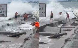 Korku filmi gibi! Lodos uyarısını hiçe sayan yüzücüleri dev dalgalar vurdu