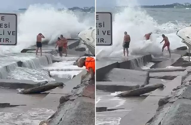 Korku filmi gibi! Lodos uyarısını hiçe sayan yüzücüleri dev dalgalar vurdu