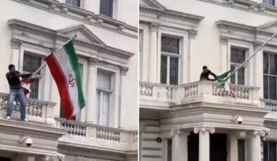 Londra’daki İran Büyükelçiliği’ne tırmanan protestocu devrim öncesi İran bayrağını astı