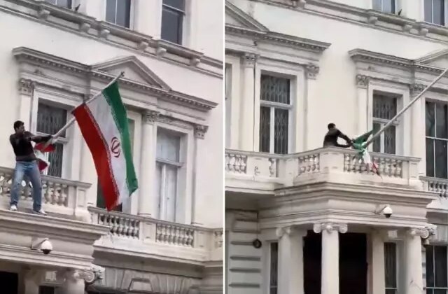 Londra’daki İran Büyükelçiliği’ne tırmanan protestocu devrim öncesi İran bayrağını astı