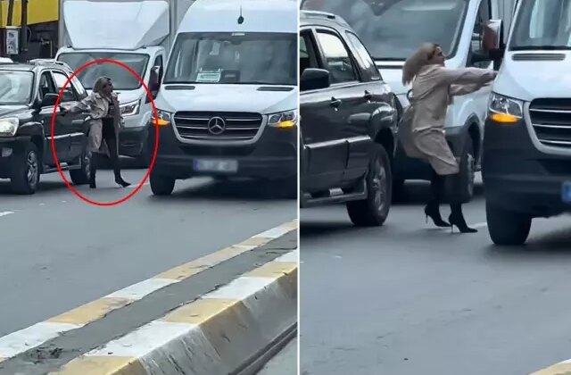 Lüks cipinden inip topuklu çizmeleriyle trafiği birbirine kattı