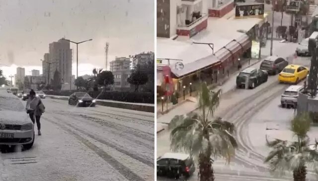 Mersin’de dolu yağışıyla sokaklar beyaza büründü