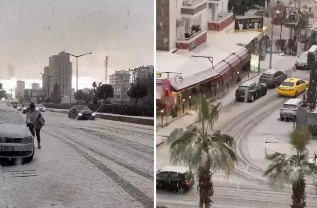 Mersin’de dolu yağışıyla sokaklar beyaza büründü