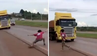 Ölümle kumar: 19 yaşındaki genç, hayatını hiçe sayarak TIR’la “chicken” oynadı