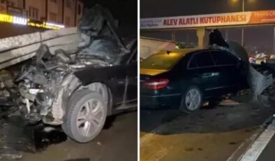 Otomobil bariyere saplandı! Yara almadan kurtuldu