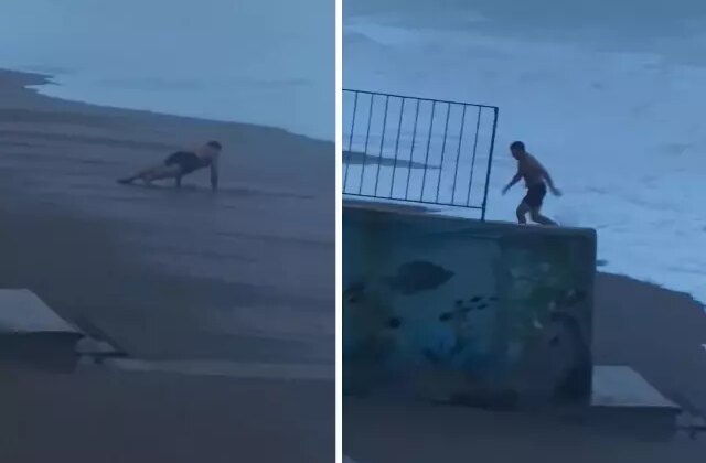 Sahilde şınav çekerken 2 metrelik dalgaları görünce koşarak kaçtı