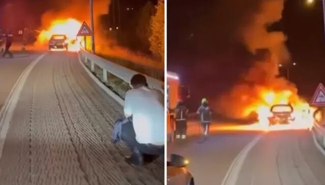 Seyir halindeki otomobil alev topuna döndü: Aracının yanışını çaresizce izledi