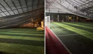 Şiddetli rüzgar nedeniyle halı sahanın tavanı çöktü