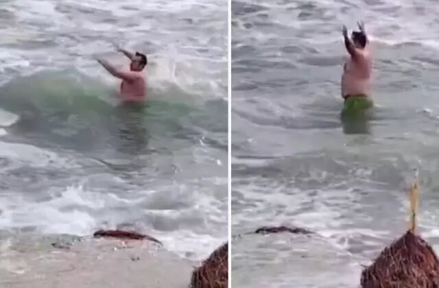 Silivri’de bir vatandaş soğuk hava ve lodosa aldırış etmeden denize girdi