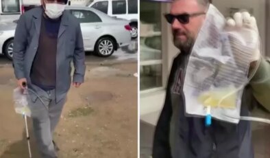 Sonda tüpüne meyve suyu koyup dilencilik yapan şahıs yakalandı