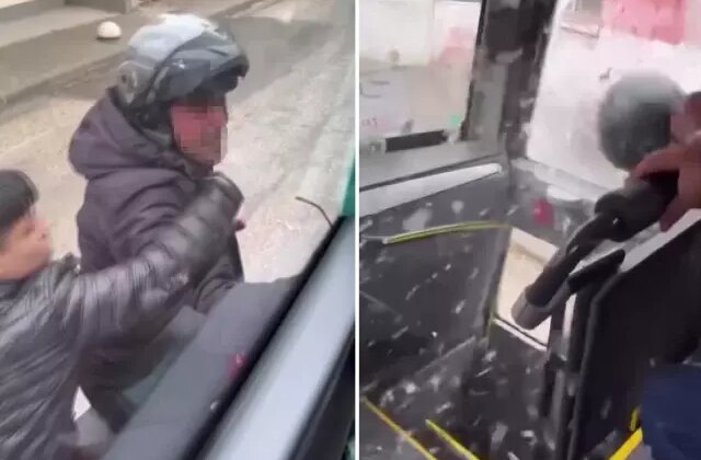 Trafikte tartıştığı servis aracının camını kaskıyla kırdı