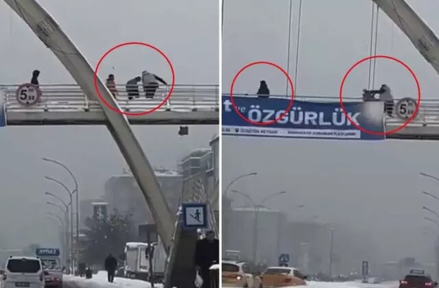 Üst geçitte kar topu atan çocukları yumruklayıp, yerde tekmeledi