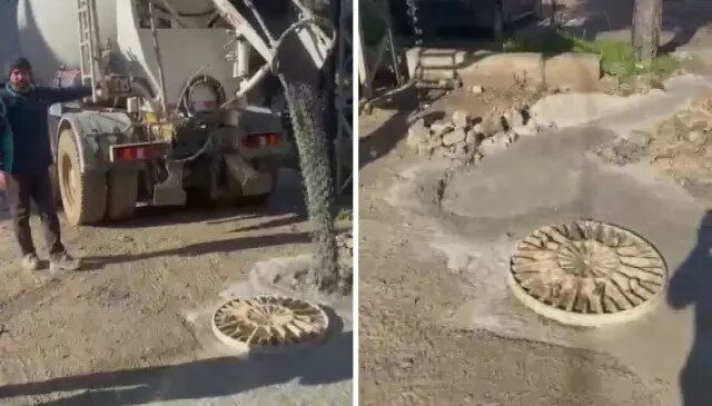 Vatandaşın tepkisine aldırış etmedi, kanalizasyona beton döktü