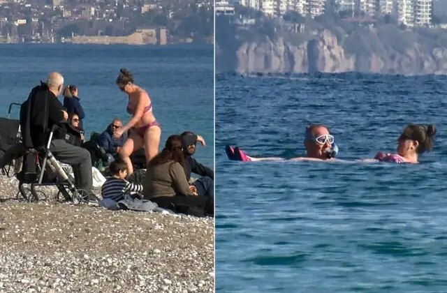 Görüntü Türkiye’den! Herkes üşürken onlar yüzdü