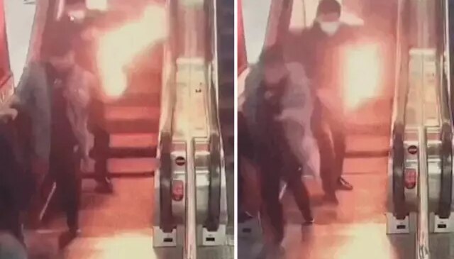 Yürüyen merdivenden alev saçarak indi