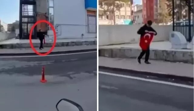 14 yaşındaki çocuk yerde gördüğü Türk bayrağını öperek kaldırdı