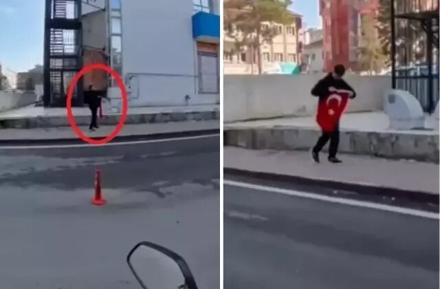 14 yaşındaki çocuk yerde gördüğü Türk bayrağını öperek kaldırdı
