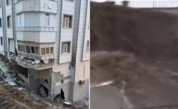 5 katlı binanın istinat duvarı böyle çöktü