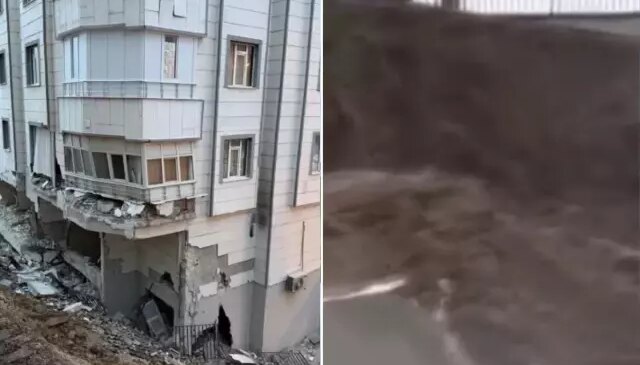 5 katlı binanın istinat duvarı böyle çöktü