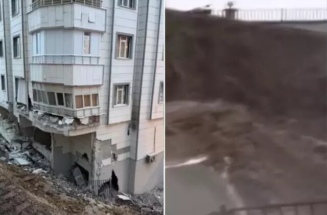 5 katlı binanın istinat duvarı böyle çöktü