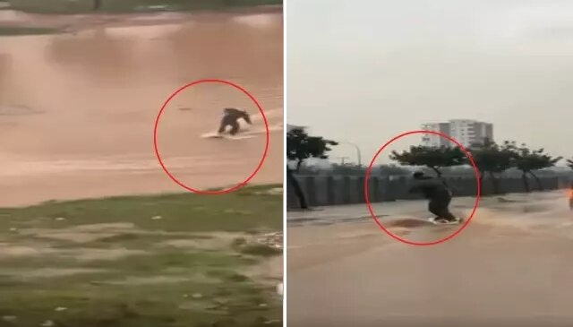 Suyla dolan caddede sörf yaptı