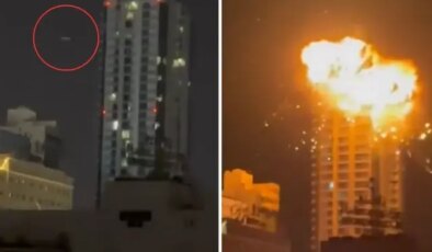Alevler gökyüzüne yükseldi! İran Bahreyn’deki gökdeleni böyle vurdu