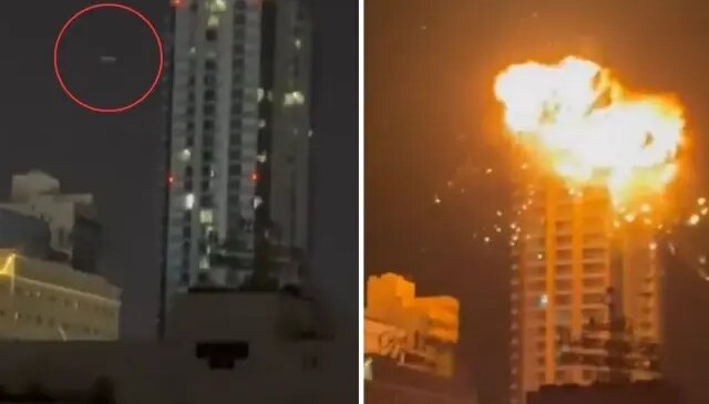 Alevler gökyüzüne yükseldi! İran Bahreyn’deki gökdeleni böyle vurdu