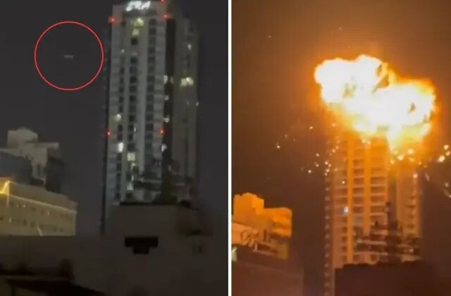 Alevler gökyüzüne yükseldi! İran Bahreyn’deki gökdeleni böyle vurdu