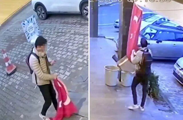 Bayrağımıza alçak saldırı: Kopardı, yetmedi üzerine basarak o anları kayda aldı