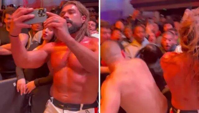 Boksör, rakibi ile fotoğraf çeken kadının yüzüne tekme attı