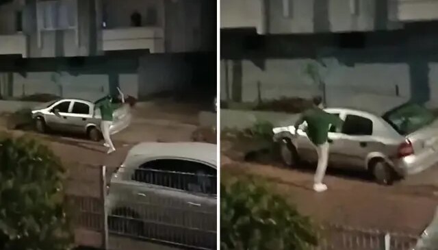 Camlarını kırdığı otomobile ışıklı çiçek buketi fırlattı; o anlar kamerada