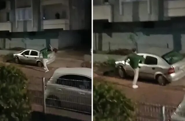 Camlarını kırdığı otomobile ışıklı çiçek buketi fırlattı; o anlar kamerada