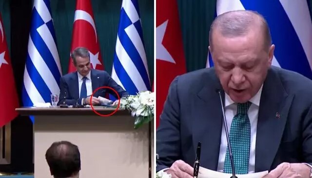 Cumhurbaşkanı Erdoğan’la görüşen Miçotakis’in hareketi basın toplantısına damga vurdu